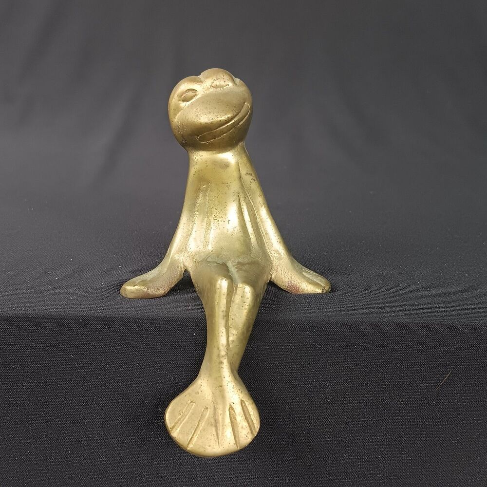 Vintage Anthropomorphic Whimsical Solid Brass Frog Smiling Happy Sitting Frog